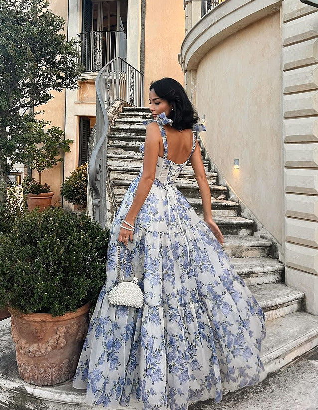 House of Luna | Floral Organza Gown – Lace-Up Back & Swing Skirt