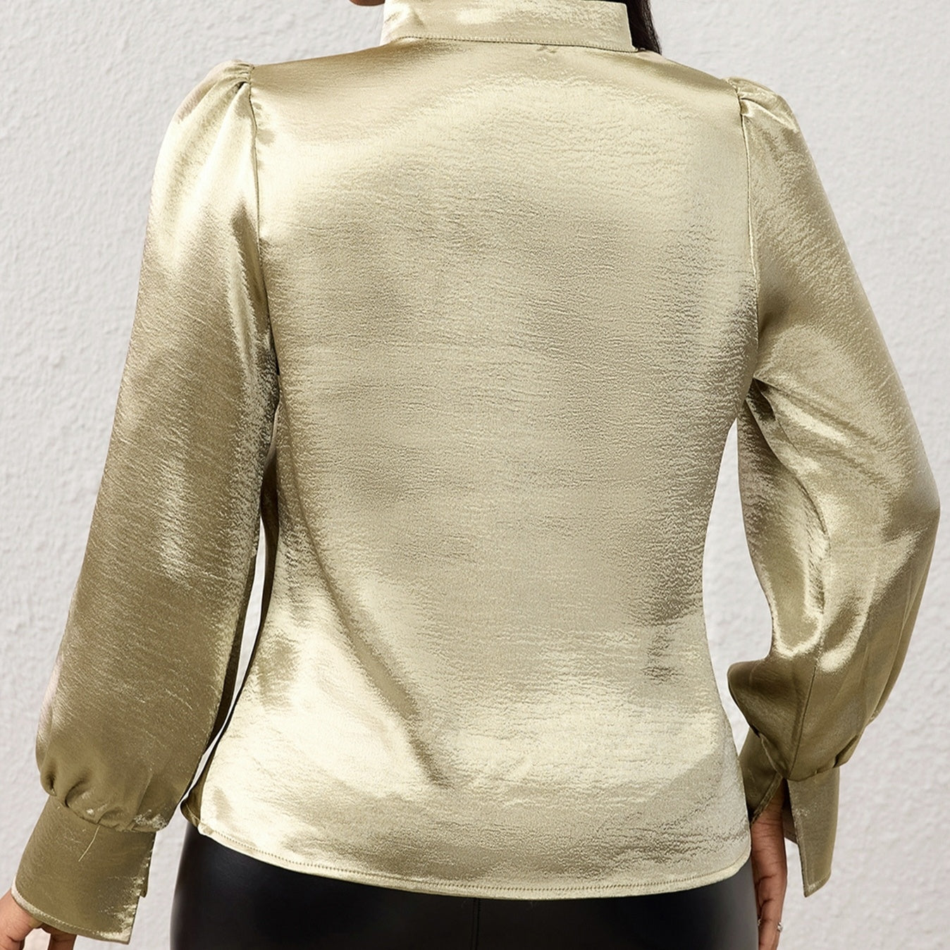 House of Luna | Celeste Satin Drape Blouse – Golden Pile Collar Shirt with Slit Cuffs