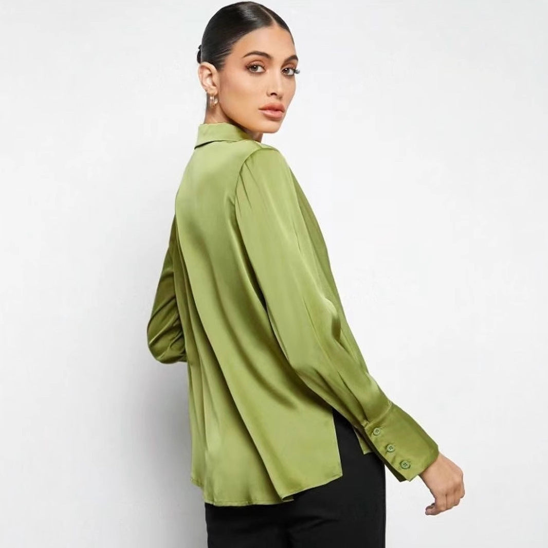 House of Luna | Satin Shirt – Minimalist Long Sleeve Button-Down (Dark & Light Green)