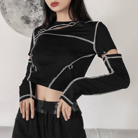 House of Luna | Edge Stitch Cropped Hoodie – Grunge Streetwear Pullover