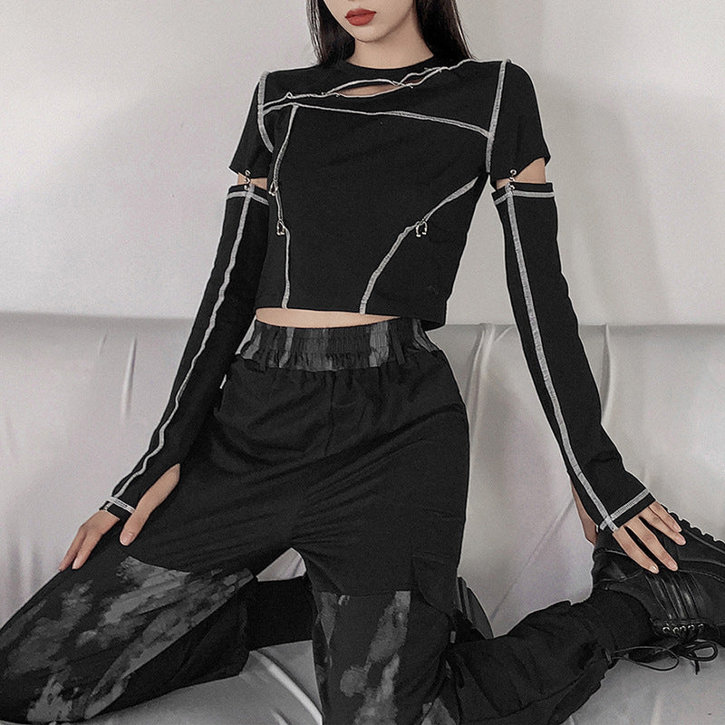 House of Luna | Edge Stitch Cropped Hoodie – Grunge Streetwear Pullover