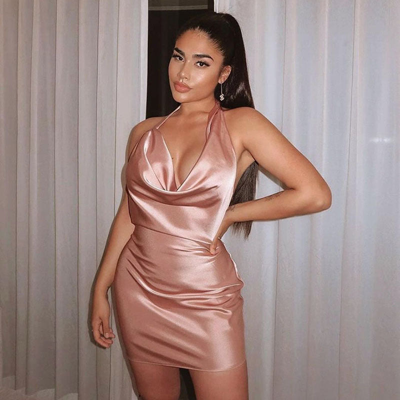House of Luna | Satin Slip Party Dress – V-Neck, Backless & Ruched Mini
