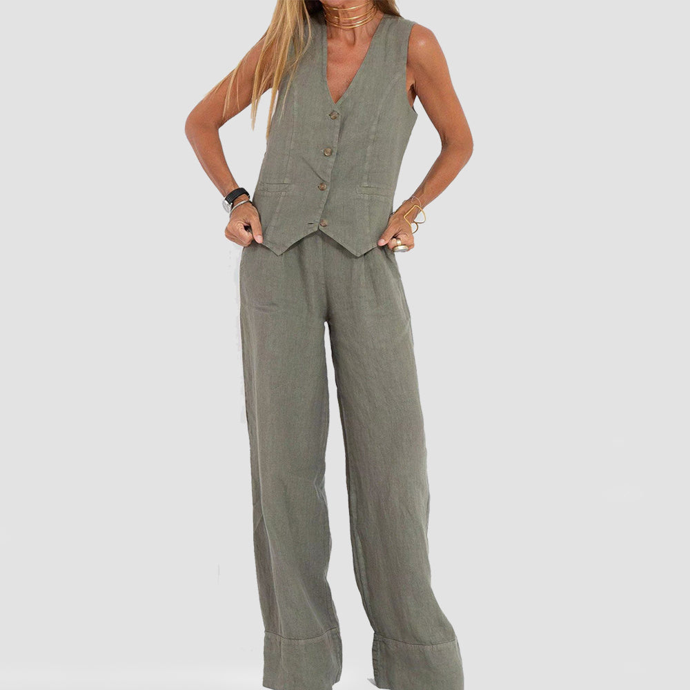 House of Luna | Linen Vest Set – Sleeveless Button-Up & Wide-Leg Trouser Co-Ord