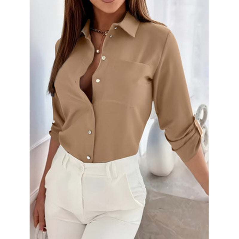 House of Luna | Celeste V-Neck Button-Down Blouse – Elegant Workwear with Rolled Sleeves