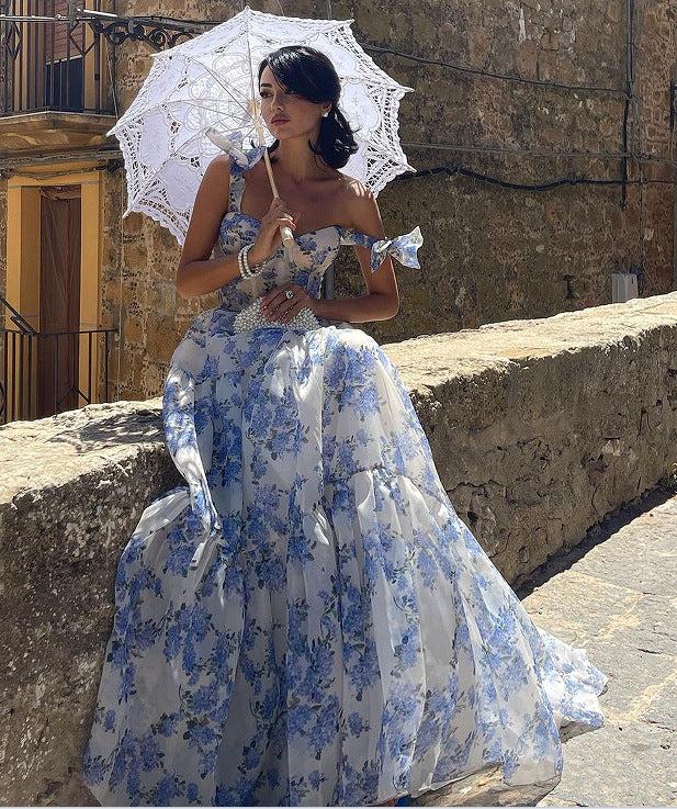 House of Luna | Floral Organza Gown – Lace-Up Back & Swing Skirt