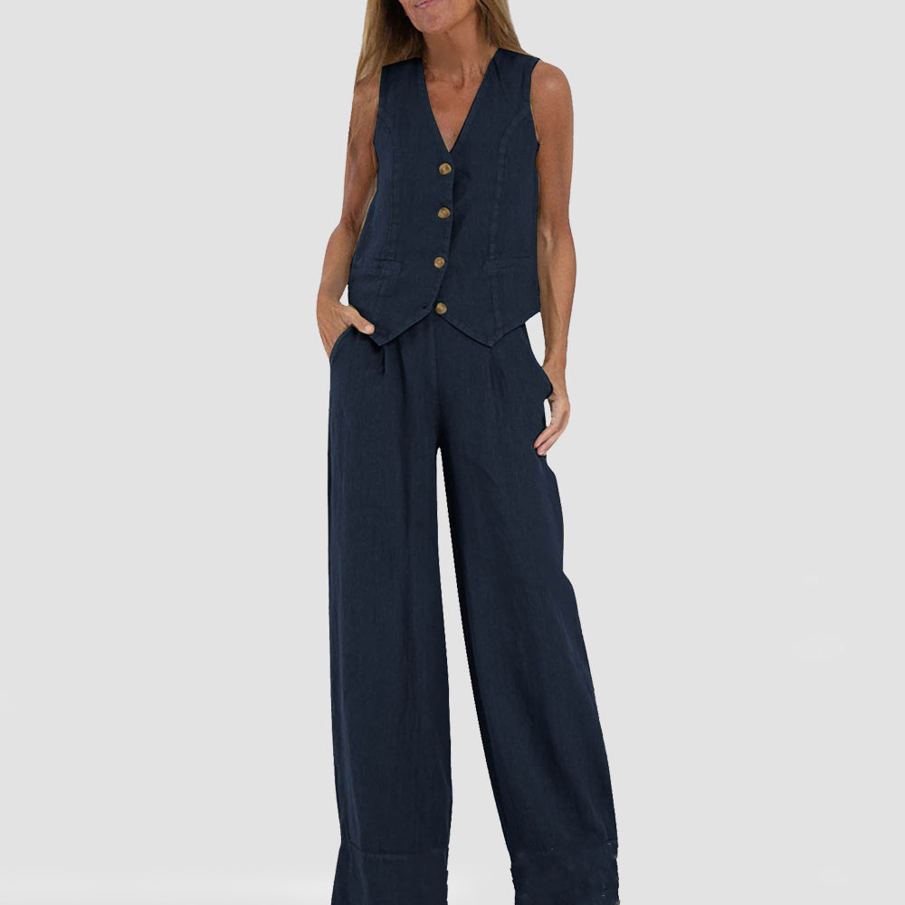 House of Luna | Linen Vest Set – Sleeveless Button-Up & Wide-Leg Trouser Co-Ord