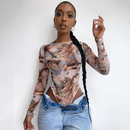 House of Luna | Mesh Muse Bodysuit – Long Sleeve Print One-Piece