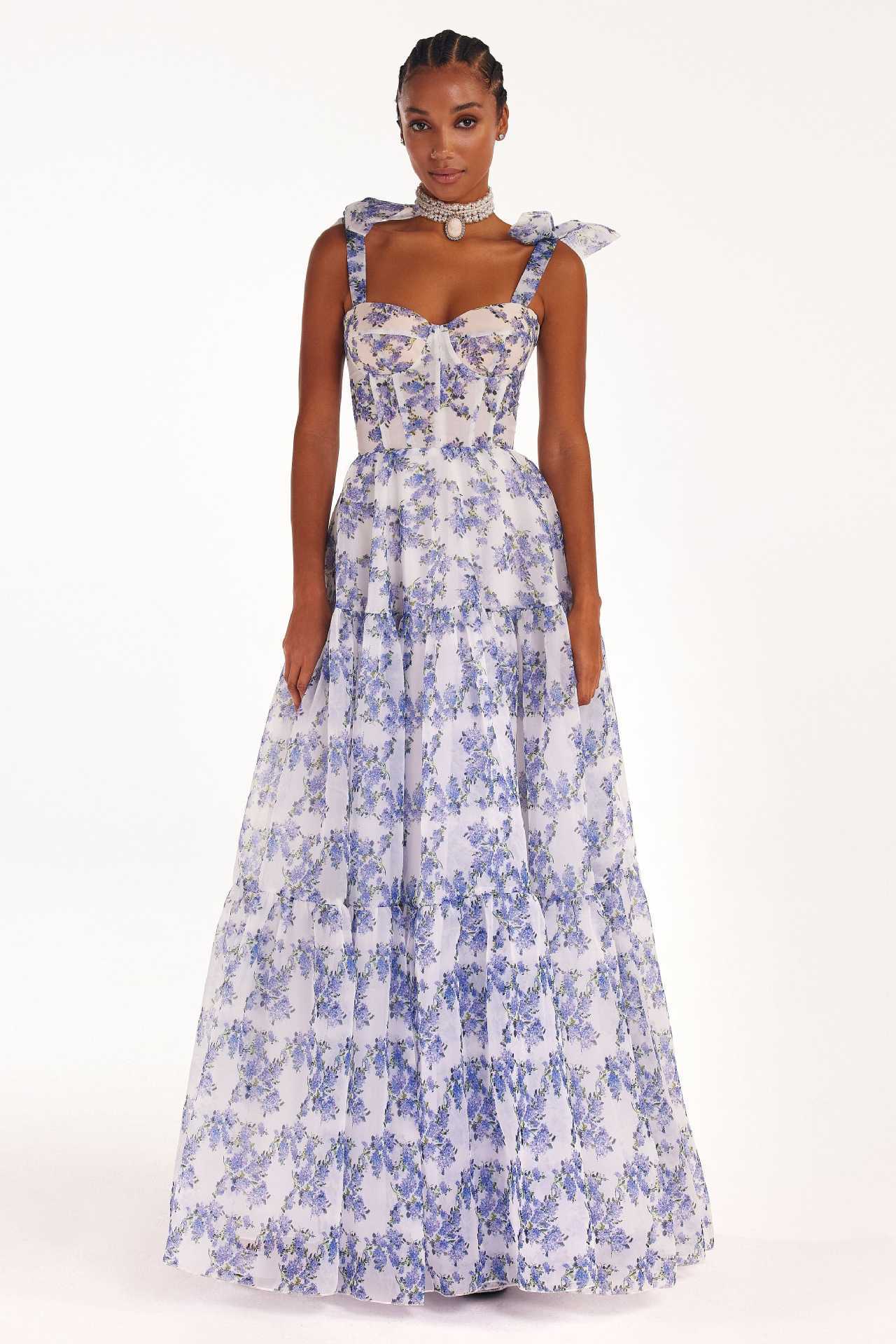 House of Luna | Floral Organza Gown – Lace-Up Back & Swing Skirt