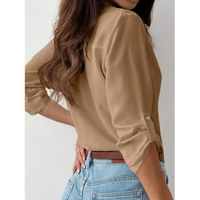 House of Luna | Celeste V-Neck Button-Down Blouse – Elegant Workwear with Rolled Sleeves