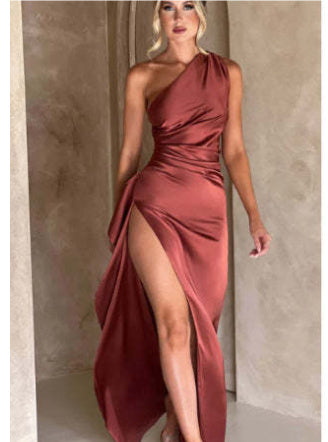 House of Luna | Arielle Satin One-Shoulder Gown – Backless Slit Dress for Summer Elegance
