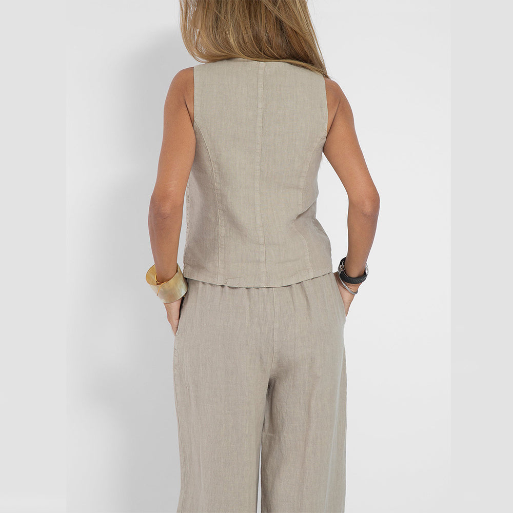 House of Luna | Linen Vest Set – Sleeveless Button-Up & Wide-Leg Trouser Co-Ord