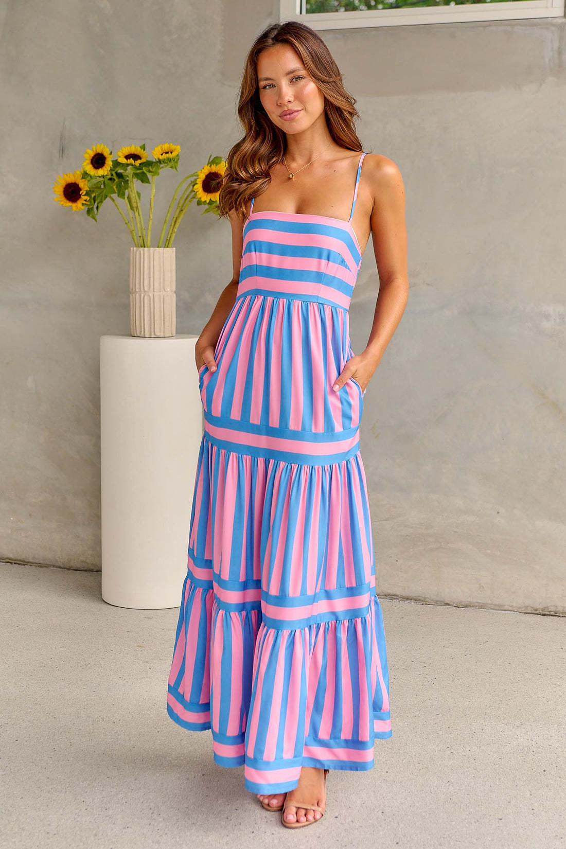 House of Luna | Striped Maxi Dress – Backless Beach Sundress with Pockets