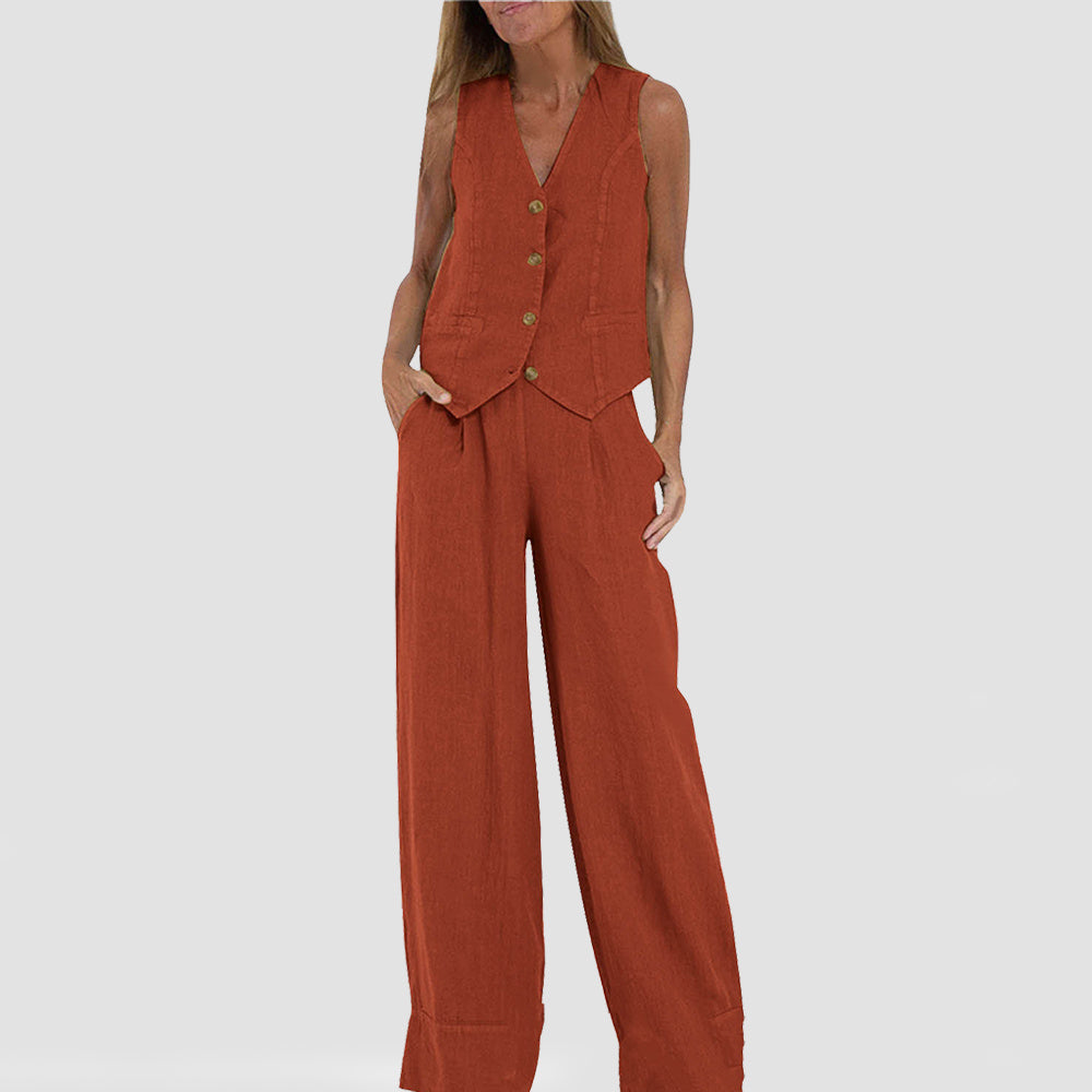 House of Luna | Linen Vest Set – Sleeveless Button-Up & Wide-Leg Trouser Co-Ord