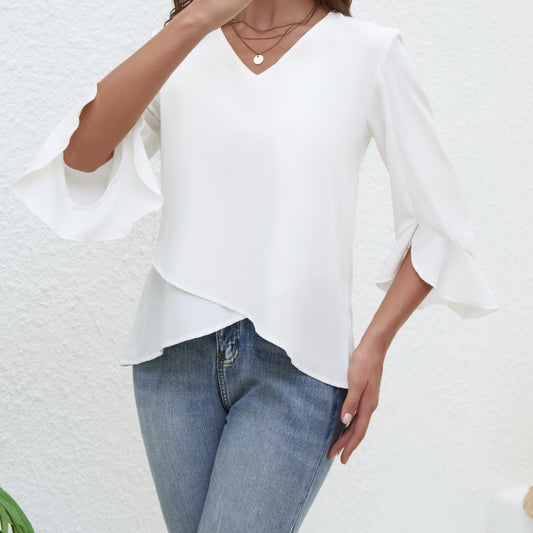 House of Luna | Delilah V-Neck Blouse – Flowy Ruffle Sleeve Top with Irregular Hem