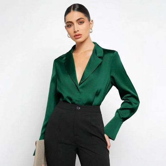 House of Luna | Satin Shirt – Minimalist Long Sleeve Button-Down (Dark & Light Green)