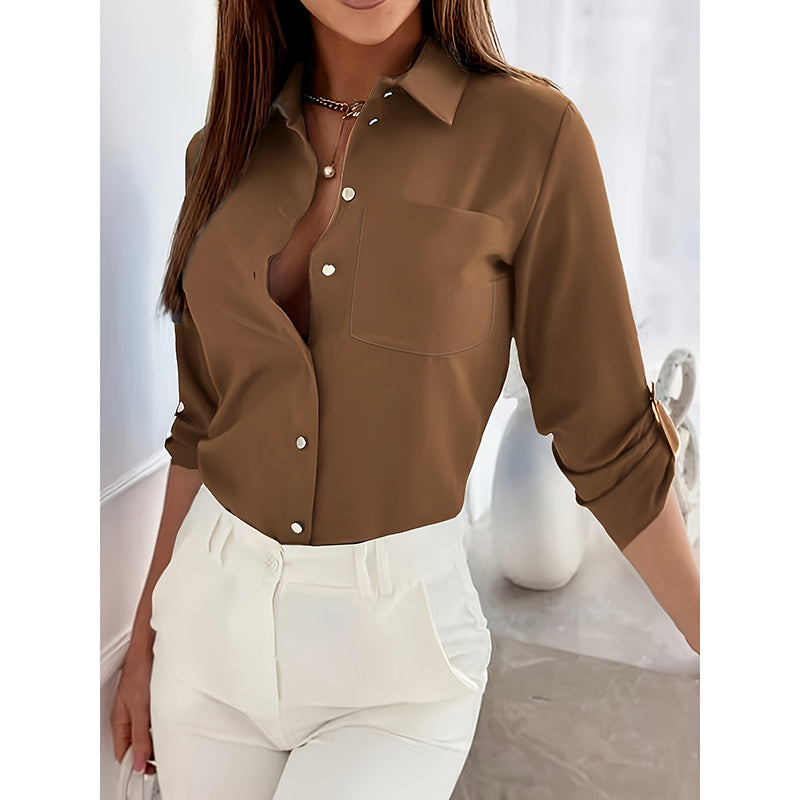 House of Luna | Celeste V-Neck Button-Down Blouse – Elegant Workwear with Rolled Sleeves