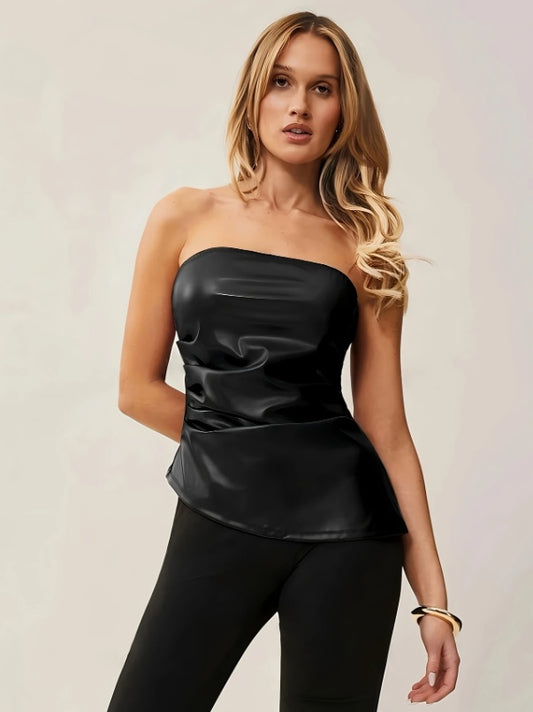House of Luna | Midnight Muse Strapless Top – Faux Leather Pleated Fit