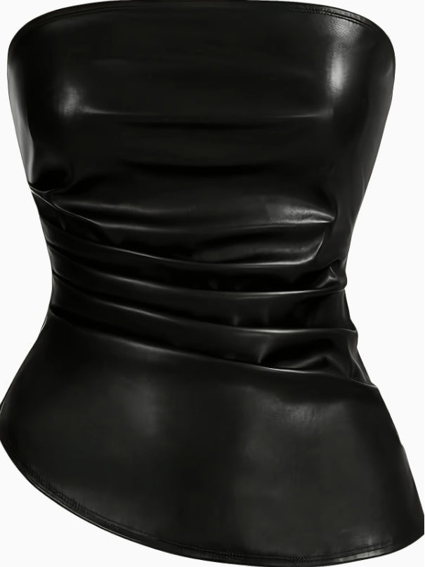 House of Luna | Midnight Muse Strapless Top – Faux Leather Pleated Fit