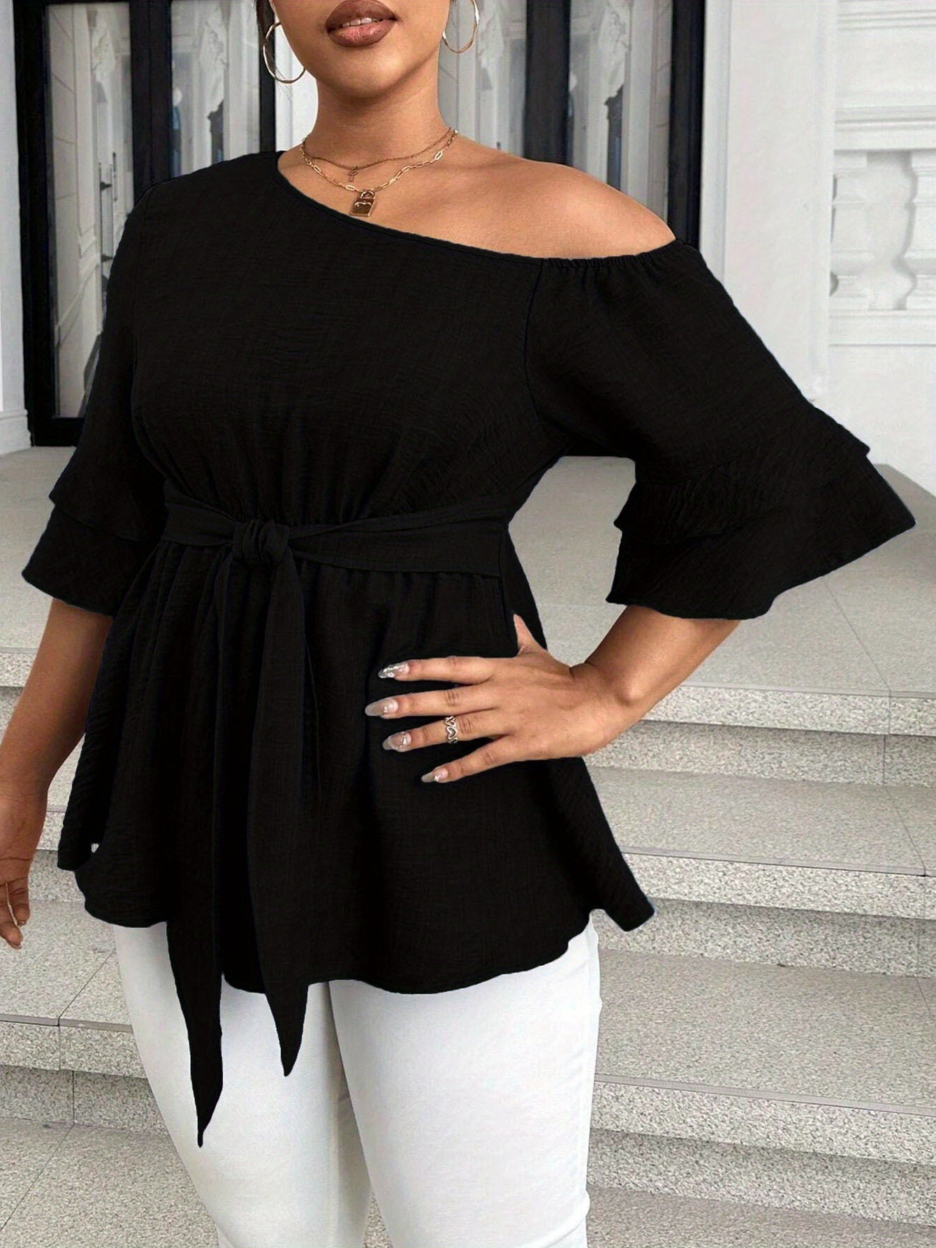 House of Luna | One-Shoulder Belted Peplum Blouse (Plus Size)