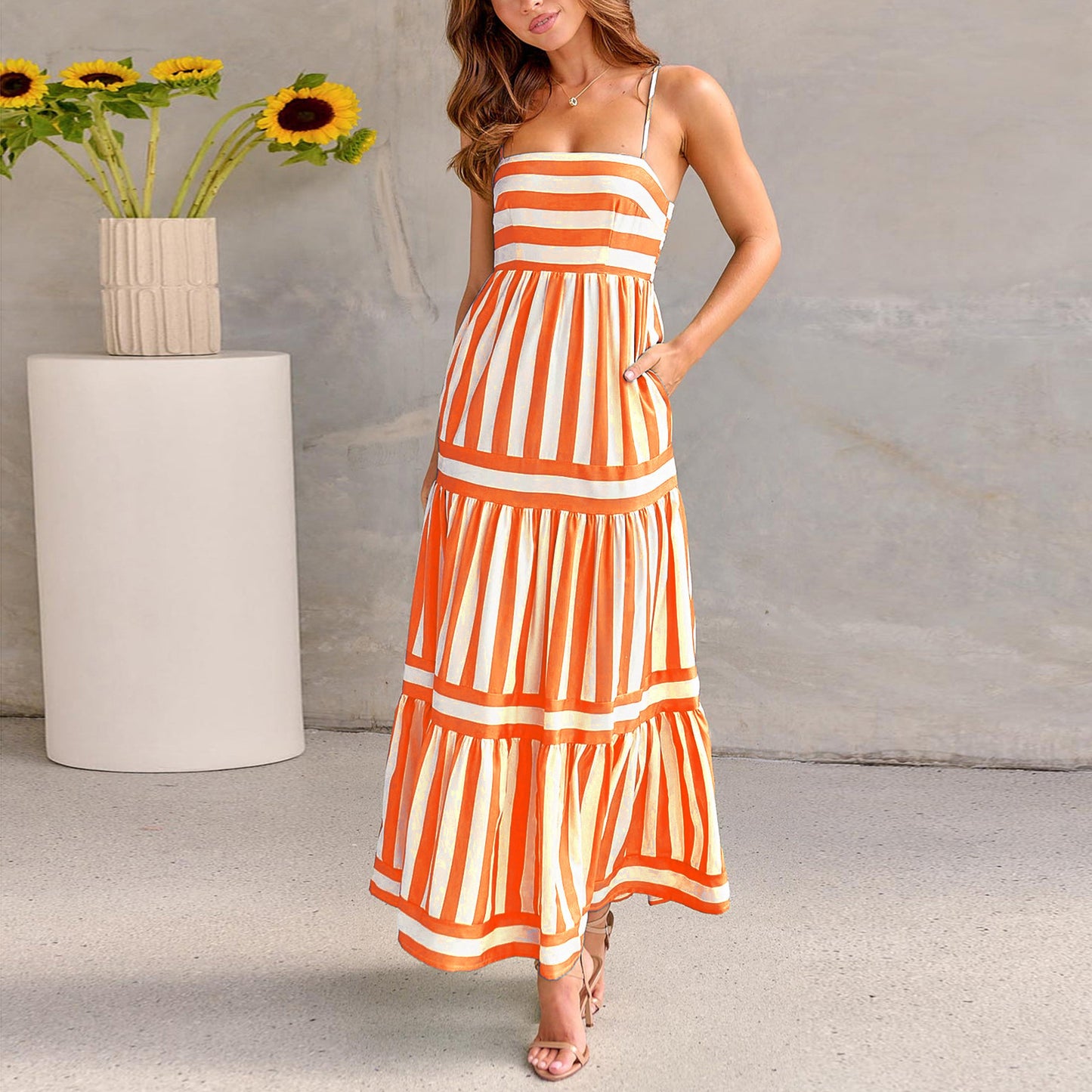 House of Luna | Striped Maxi Dress – Backless Beach Sundress with Pockets