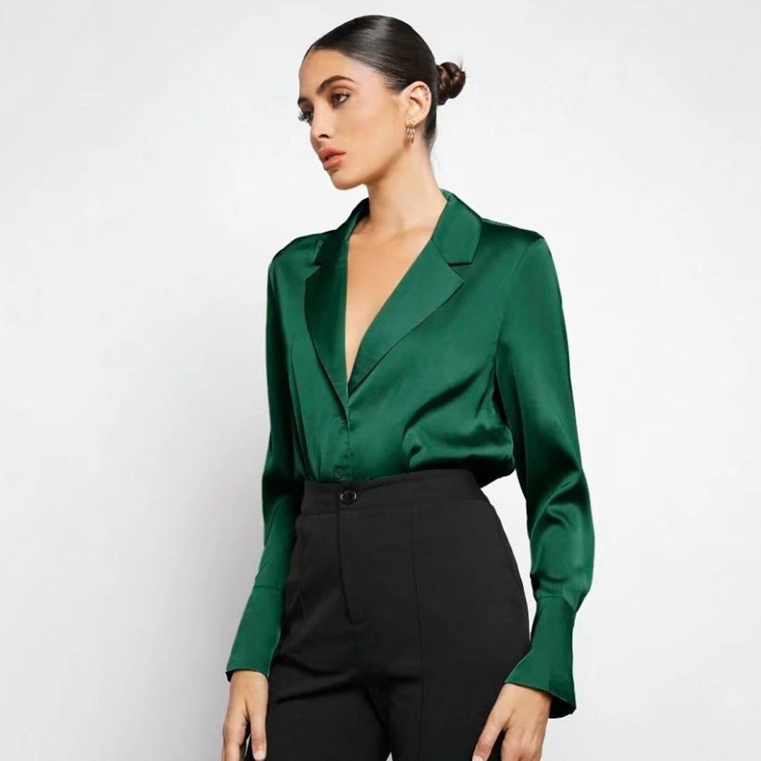 House of Luna | Satin Shirt – Minimalist Long Sleeve Button-Down (Dark & Light Green)