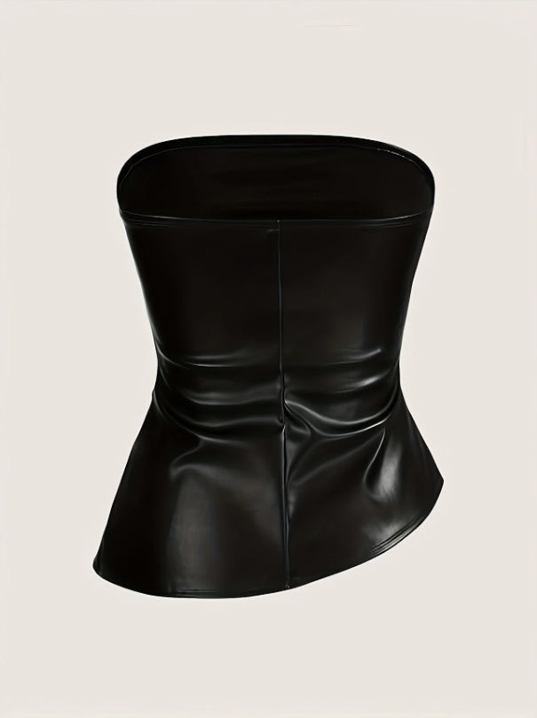 House of Luna | Midnight Muse Strapless Top – Faux Leather Pleated Fit