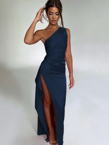 House of Luna | Arielle Satin One-Shoulder Gown – Backless Slit Dress for Summer Elegance