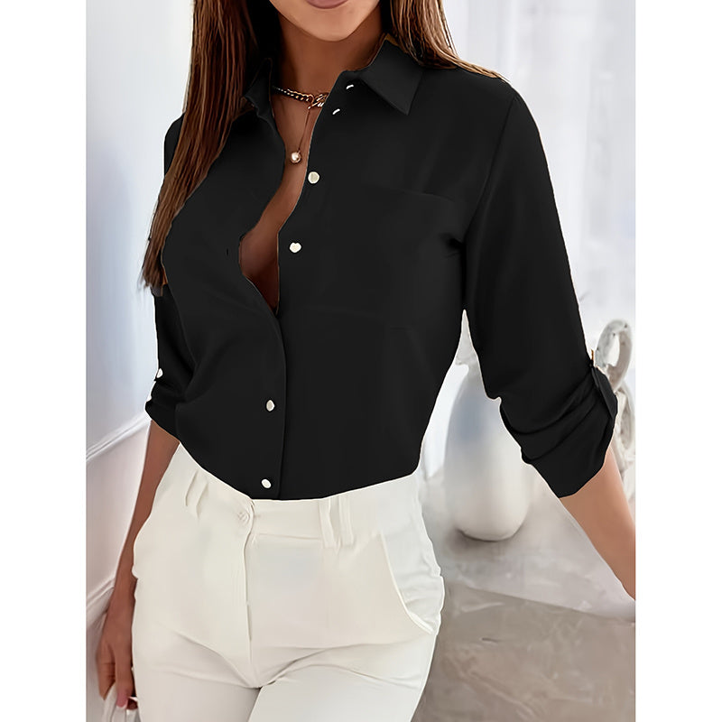 House of Luna | Celeste V-Neck Button-Down Blouse – Elegant Workwear with Rolled Sleeves