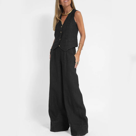 House of Luna | Linen Vest Set – Sleeveless Button-Up & Wide-Leg Trouser Co-Ord