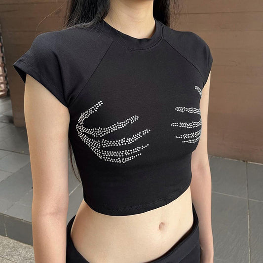 House of Luna |Grip Crop Tee – Rhinestone Skeleton Hands