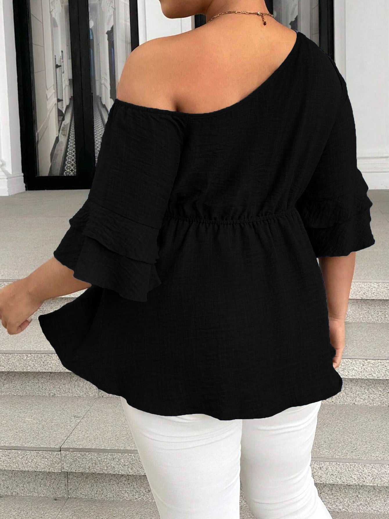House of Luna | One-Shoulder Belted Peplum Blouse (Plus Size)
