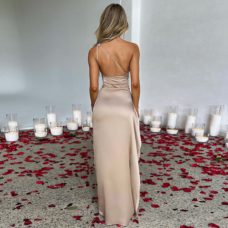 House of Luna | Arielle Satin One-Shoulder Gown – Backless Slit Dress for Summer Elegance