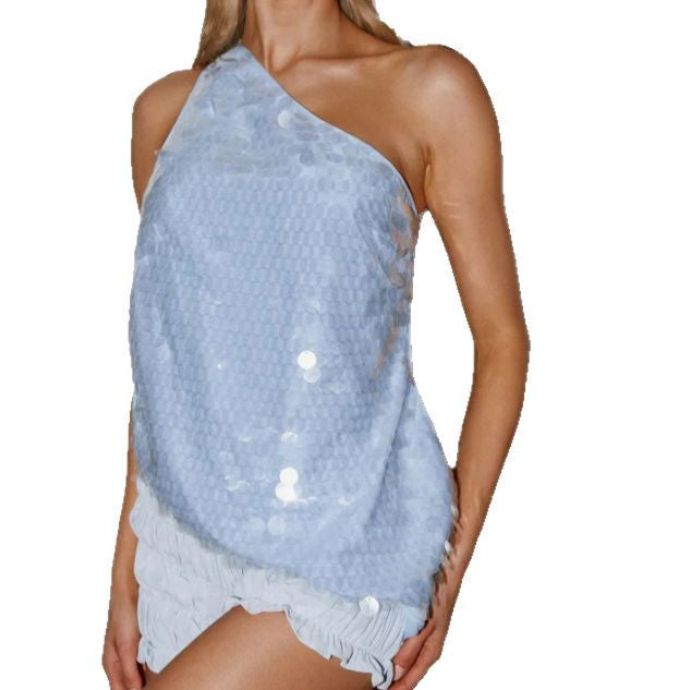 House of Luna | Sequin Halter in Sky Blue