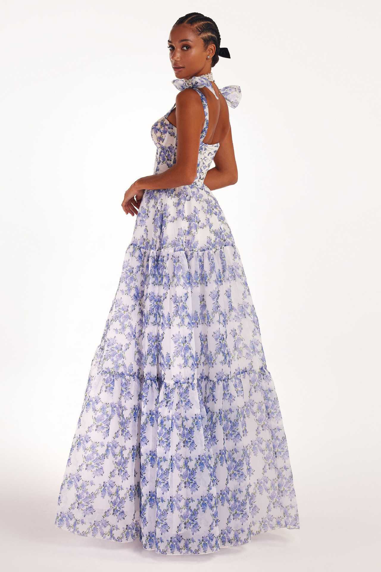 House of Luna | Floral Organza Gown – Lace-Up Back & Swing Skirt
