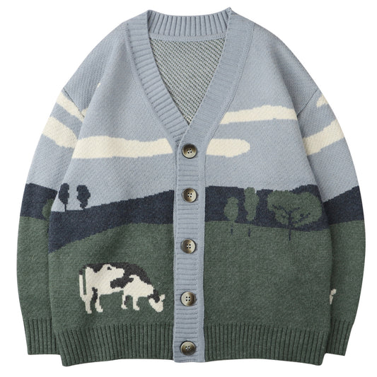 House of Luna | Pasture Knit Cardigan – Vintage-Inspired Scenic Cow Sweater