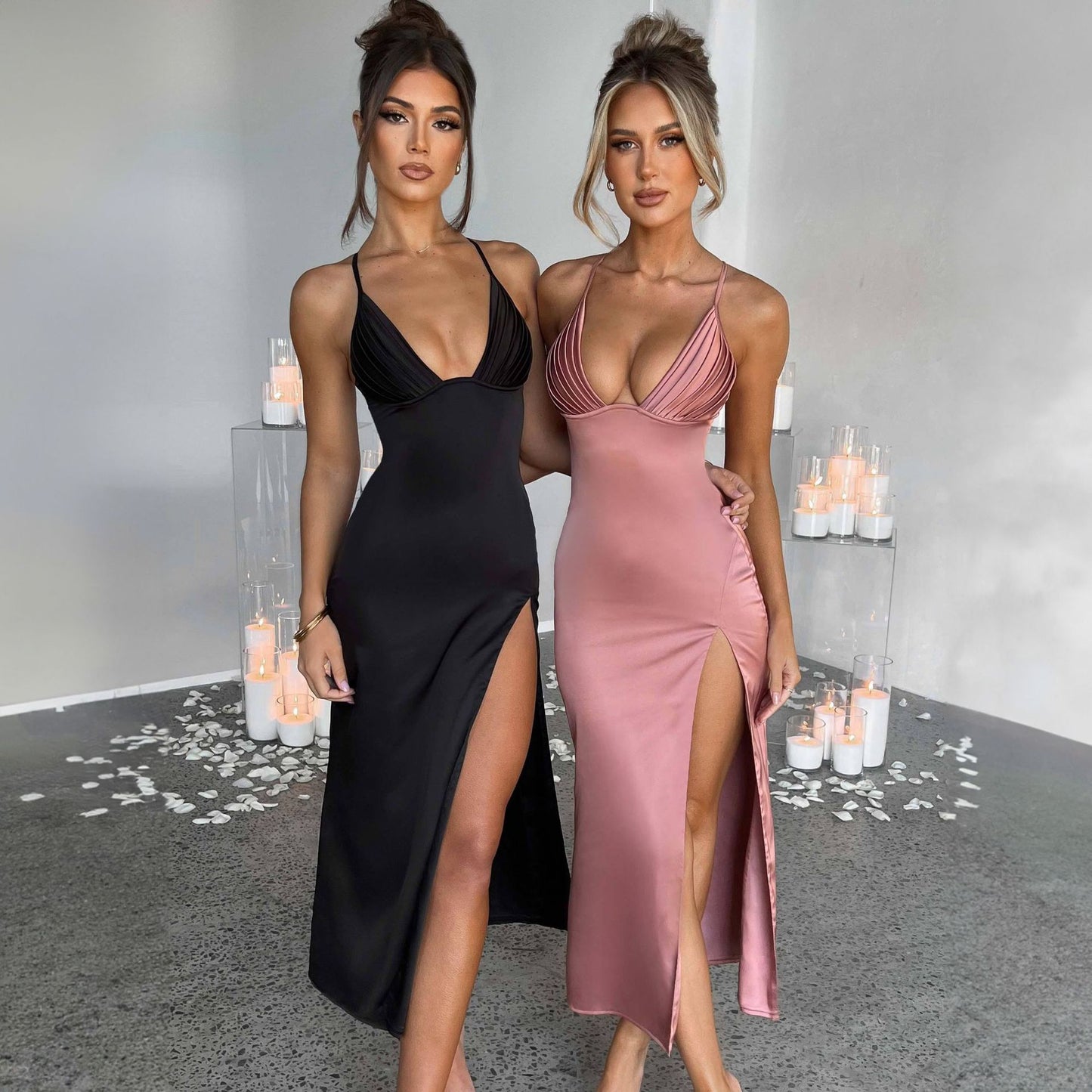 House of Luna | Satin Split Gown – Spaghetti Strap Deep V-Neck Backless Party Dress