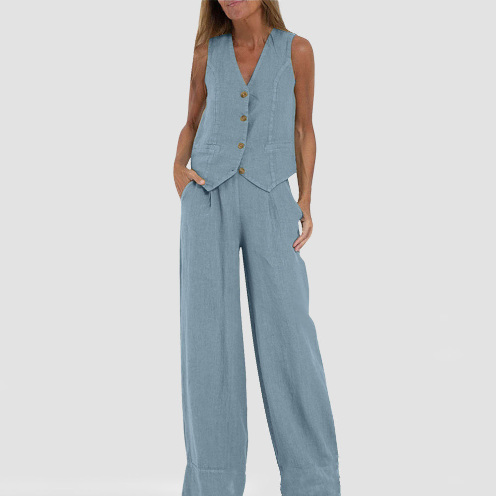 House of Luna | Linen Vest Set – Sleeveless Button-Up & Wide-Leg Trouser Co-Ord