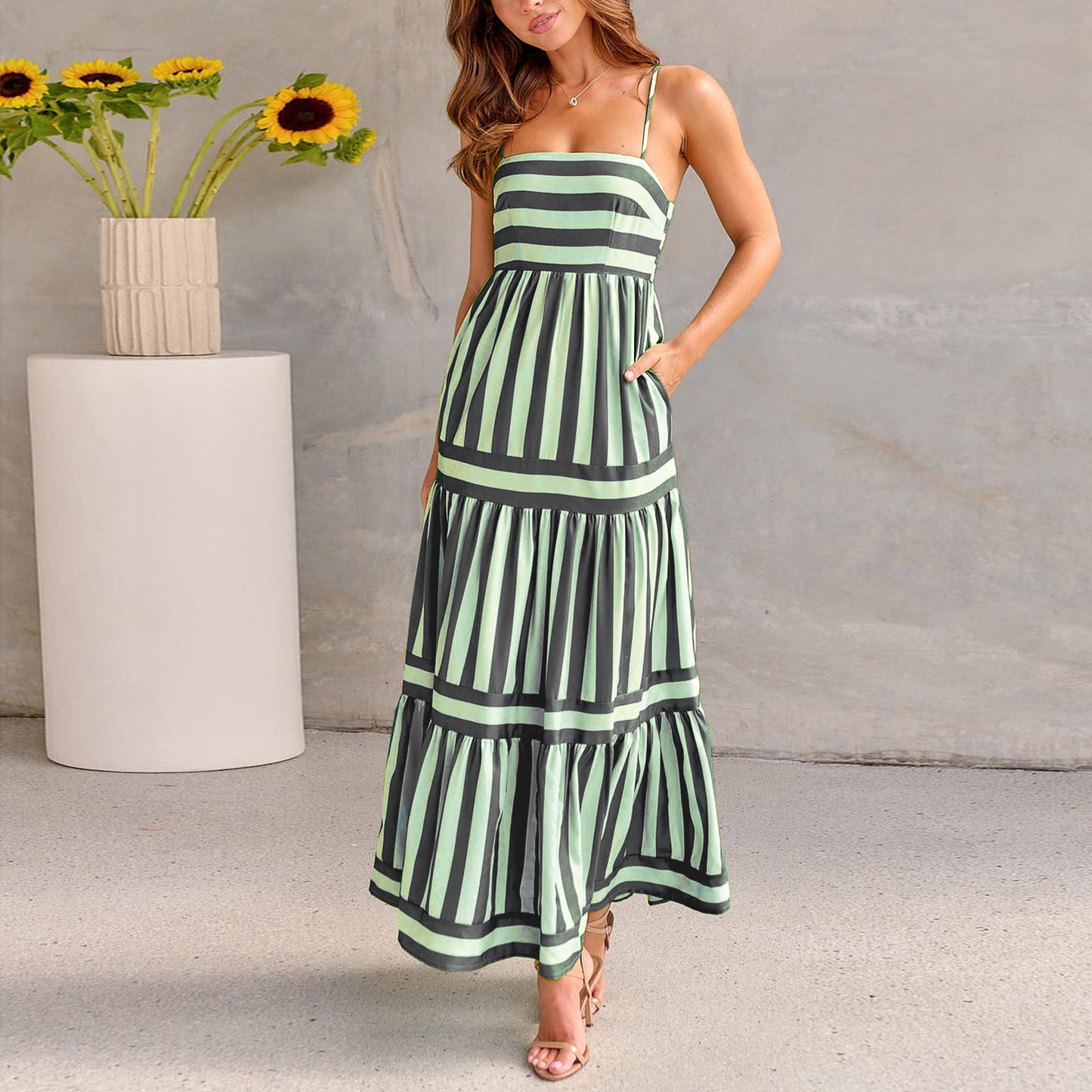 House of Luna | Striped Maxi Dress – Backless Beach Sundress with Pockets