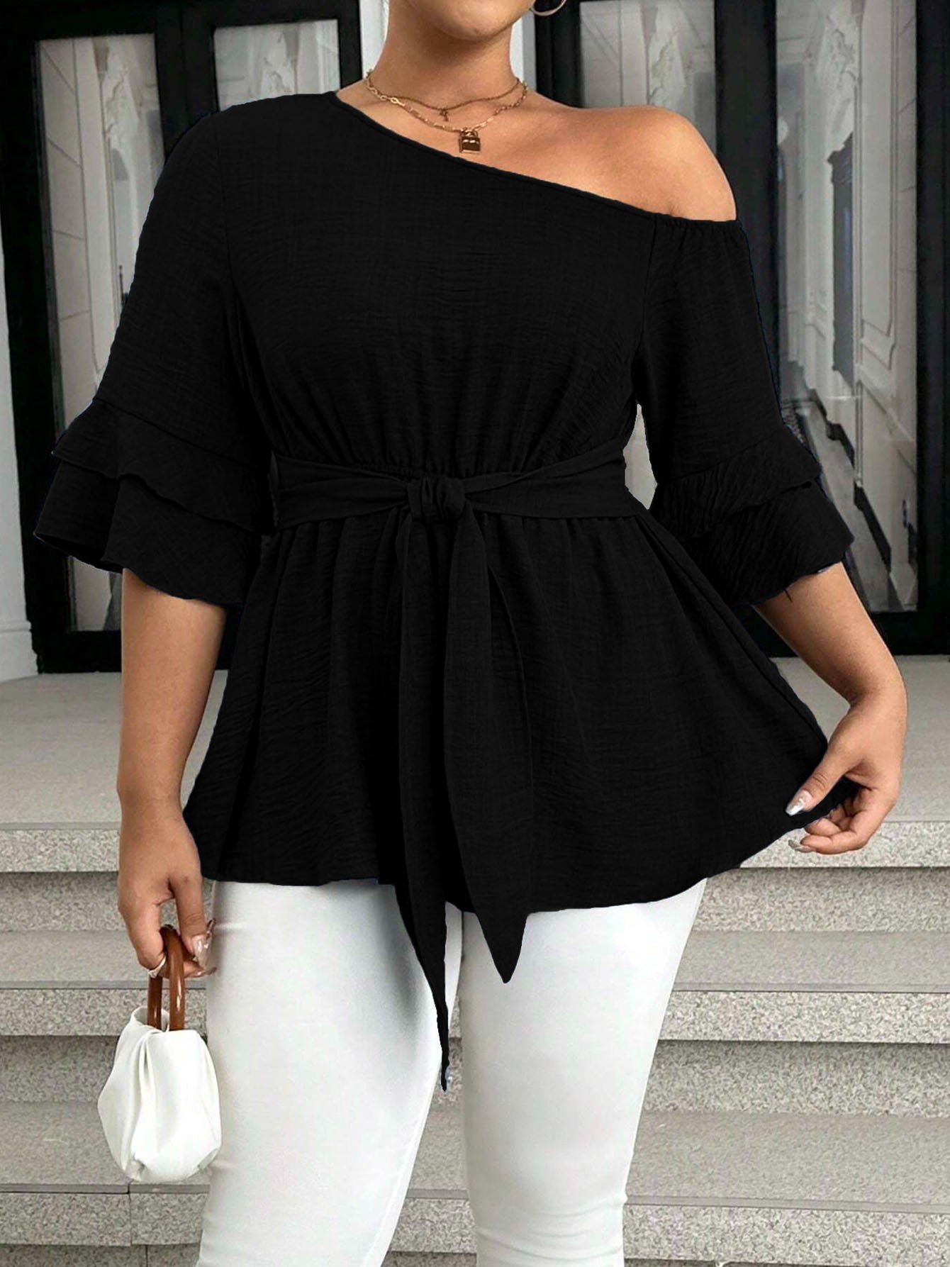 House of Luna | One-Shoulder Belted Peplum Blouse (Plus Size)