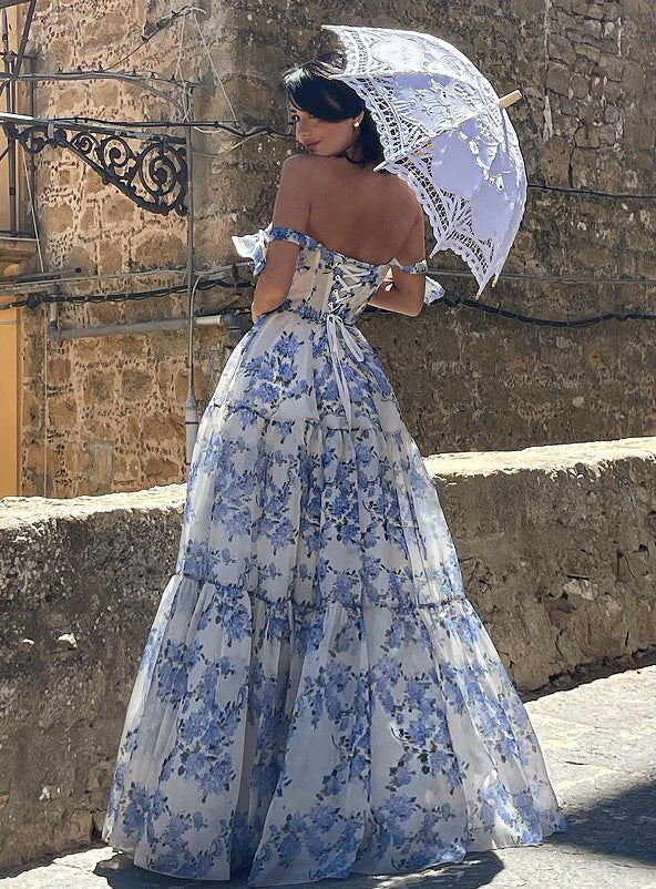 House of Luna | Floral Organza Gown – Lace-Up Back & Swing Skirt