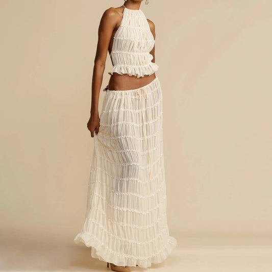House of Luna | Isla Pleated Halter Two-Piece Set – Boho Backless Crop Top & Maxi Skirt