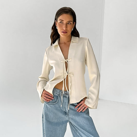 House of Luna | Tie-Front Blouse – Apricot Satin Drape Top
