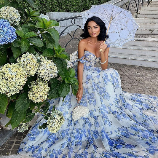 House of Luna | Floral Organza Gown – Lace-Up Back & Swing Skirt