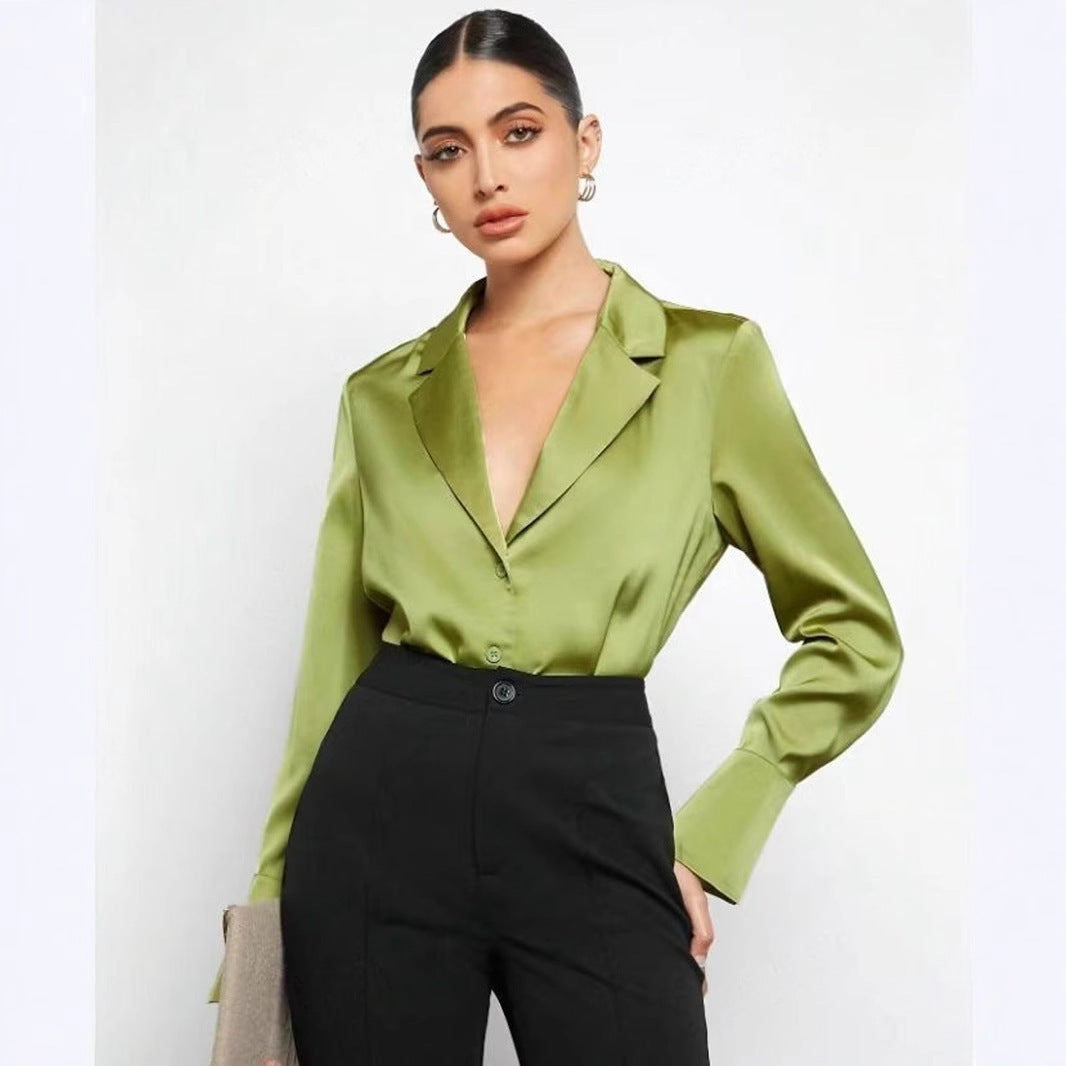 House of Luna | Satin Shirt – Minimalist Long Sleeve Button-Down (Dark & Light Green)