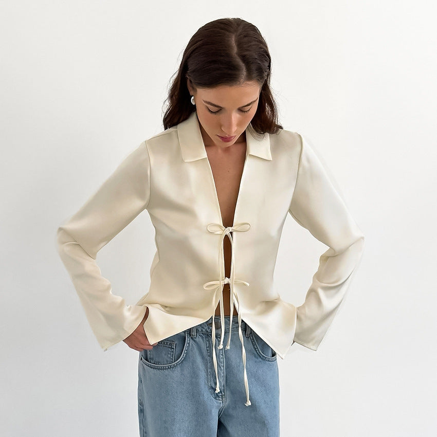 House of Luna | Tie-Front Blouse – Apricot Satin Drape Top
