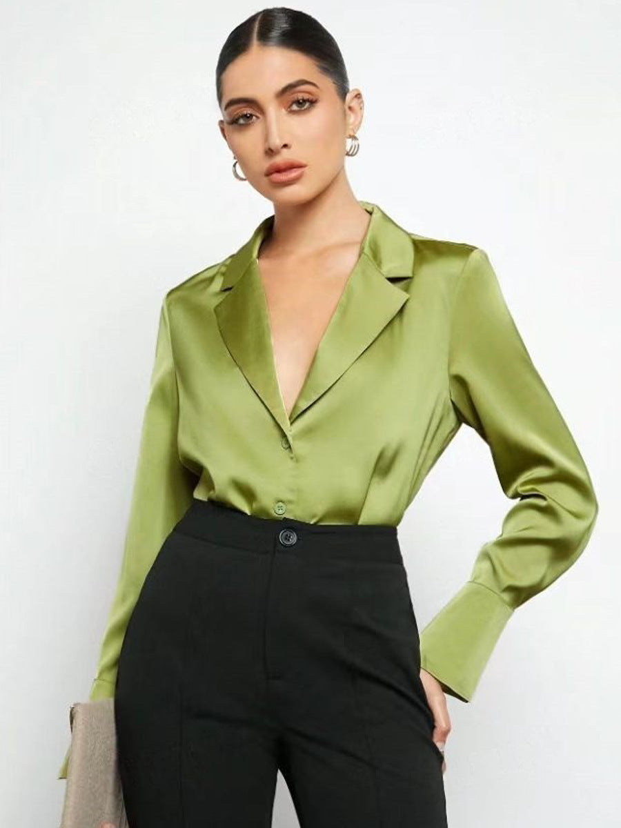 House of Luna | Satin Shirt – Minimalist Long Sleeve Button-Down (Dark & Light Green)