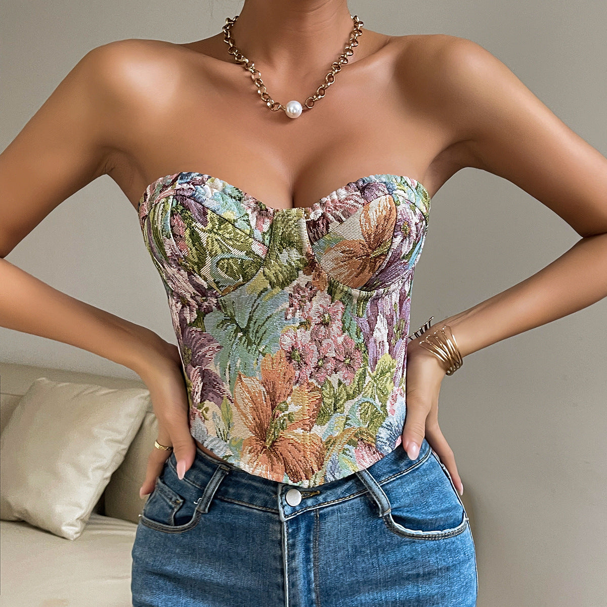 House of Luna | Corset Top – Floral Lace-Up Back Crop