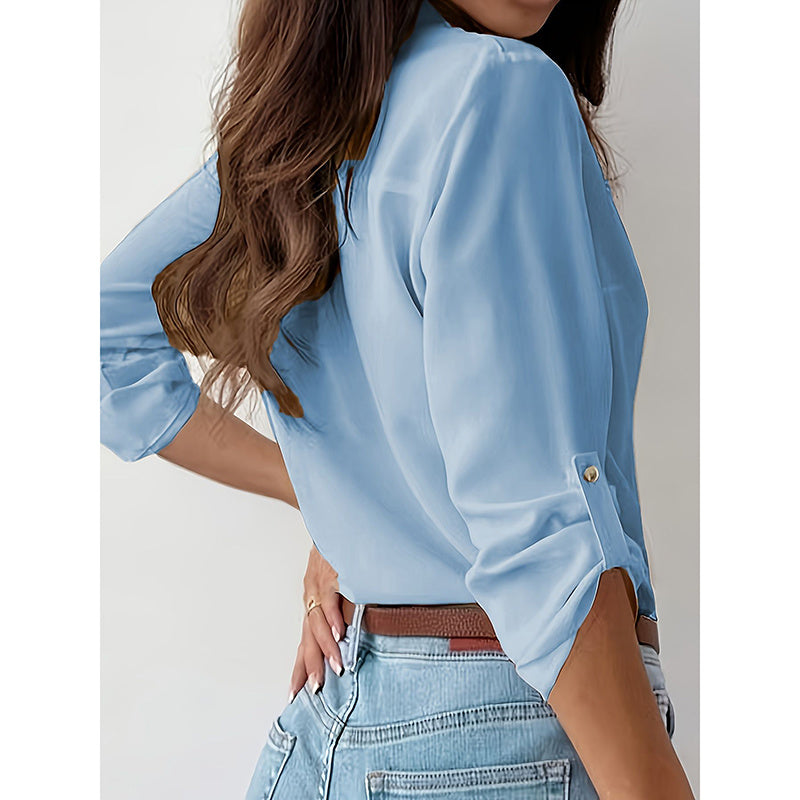 House of Luna | Celeste V-Neck Button-Down Blouse – Elegant Workwear with Rolled Sleeves