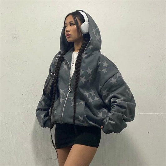 House of Luna | Star Print Zip Hoodie – Streetwear with Oversized Fit