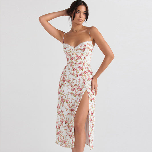 House of Luna | Floral Lace Maxi – Romantic Slit Dress with Spaghetti Straps